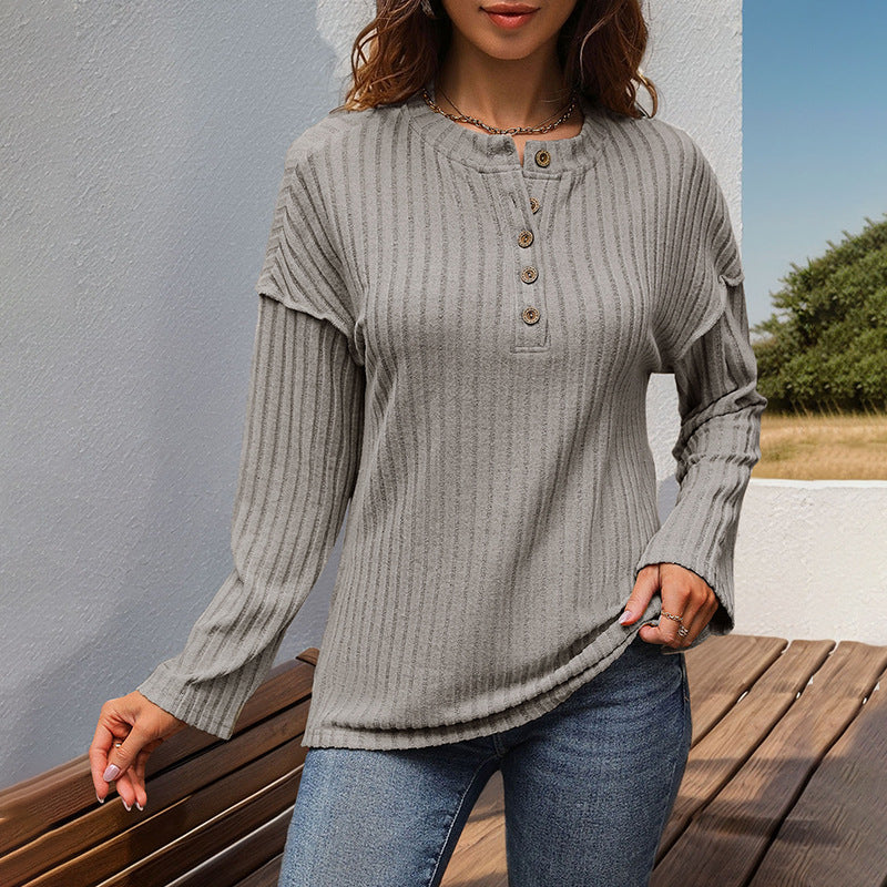 Women Ribbed Henley Sweater with Button Placket and Dropped Shoulder Chichicherry