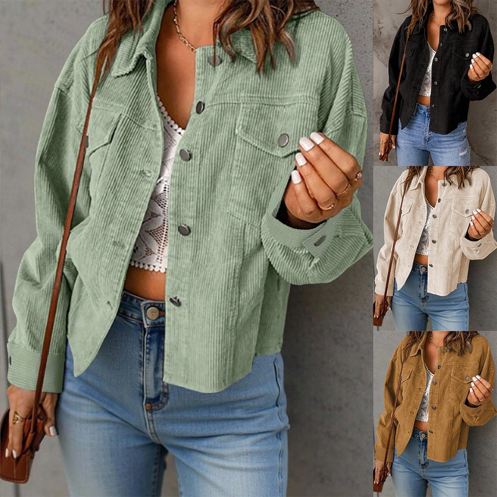 Women's short cord jacket with oversized fit, chest pockets and snap button placket Chichicherry