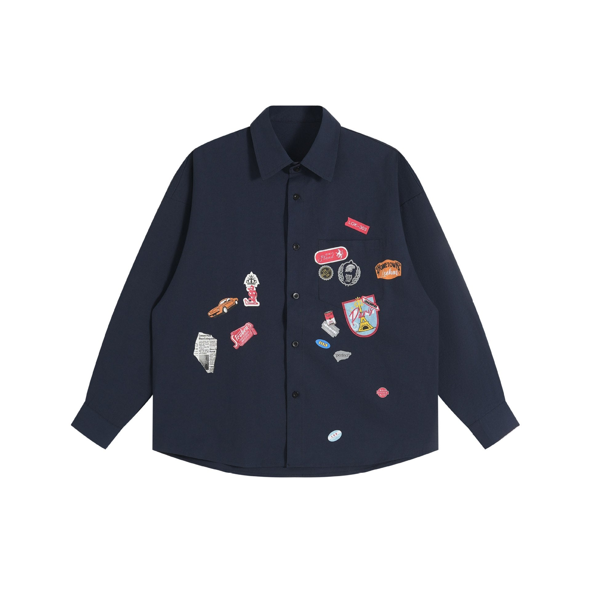 Unisex Loose Button-Down Shirt with vintage-inspired emblem patches and pocket Chichicherry