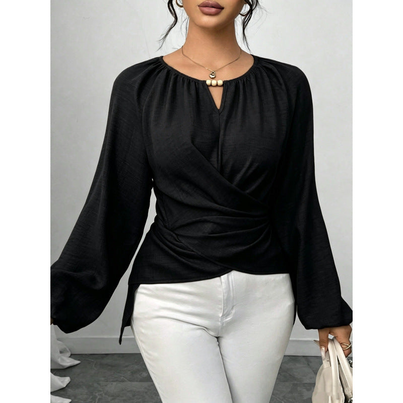 Ladies Elegant Wrap Blouse with Gathered Waist, V-Neck and Balloon Sleeves Chichicherry