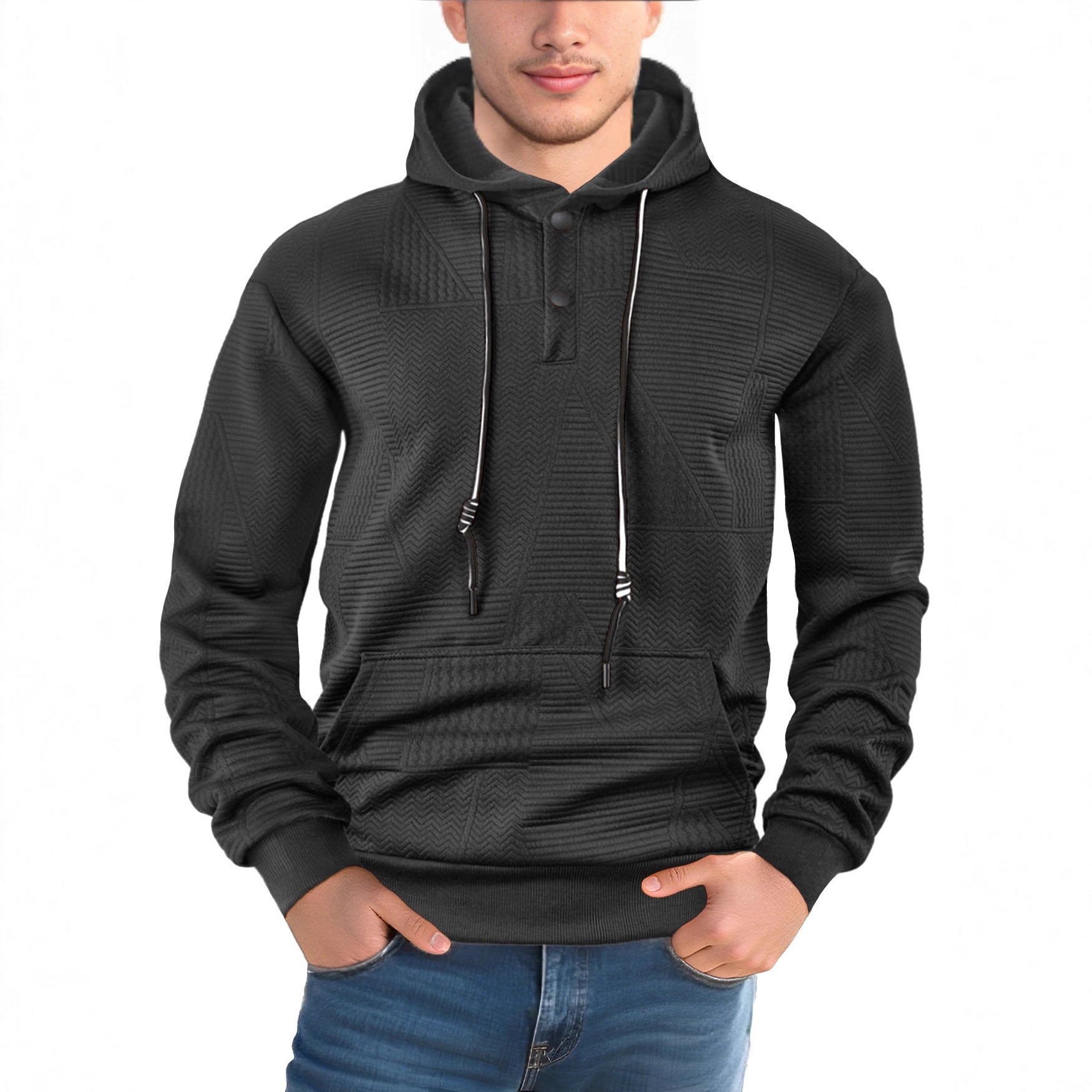 Men's Textured Hoodie with Quilted Patch Structure and Snap Button Placket Chichicherry