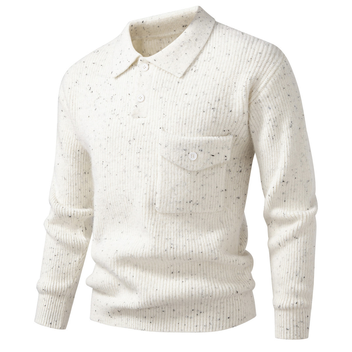 Men's ribbed knit polo collar sweater with patch chest pocket Chichicherry