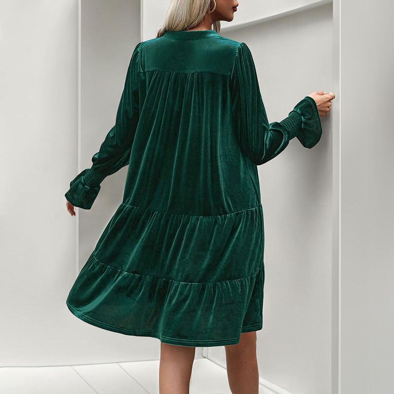 Women's velvet tiered dress with V-neck, gathered yoke, and balloon sleeves Chichicherry