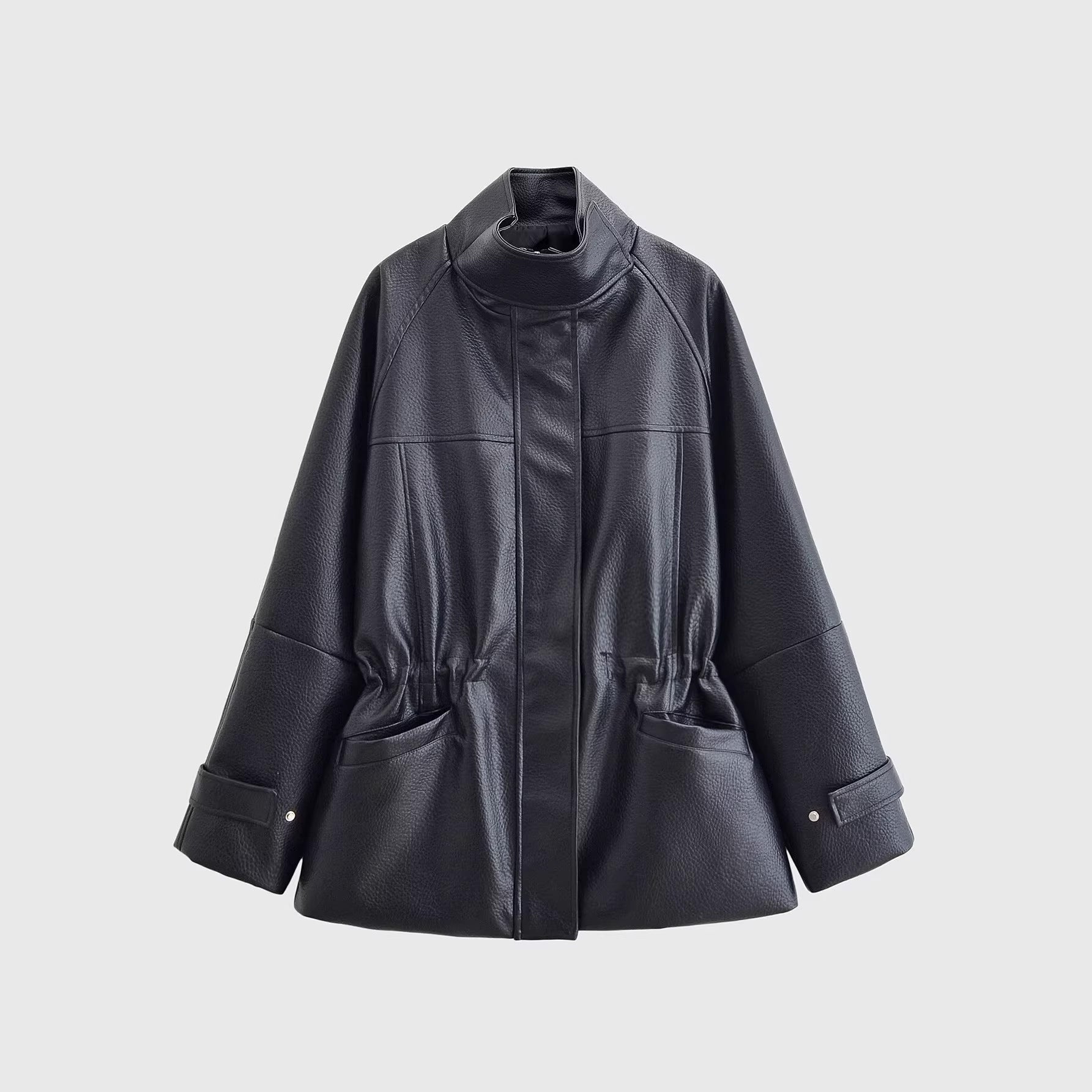 Women's Oversized Faux Leather Jacket with Stand Collar, Waist Drawstring and Patch Pockets Chichicherry