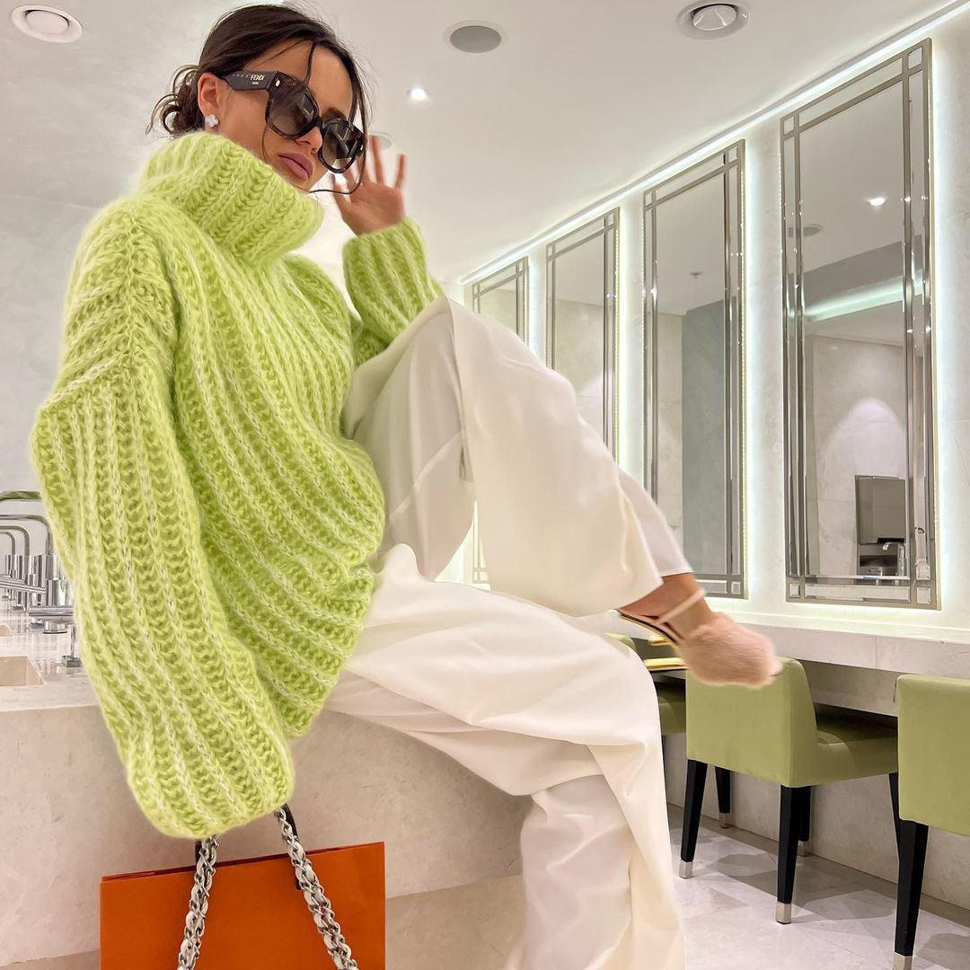 Damen Oversized Grobstrick-Rollkragenpullover mit voluminösen Ärmeln Chichicherry