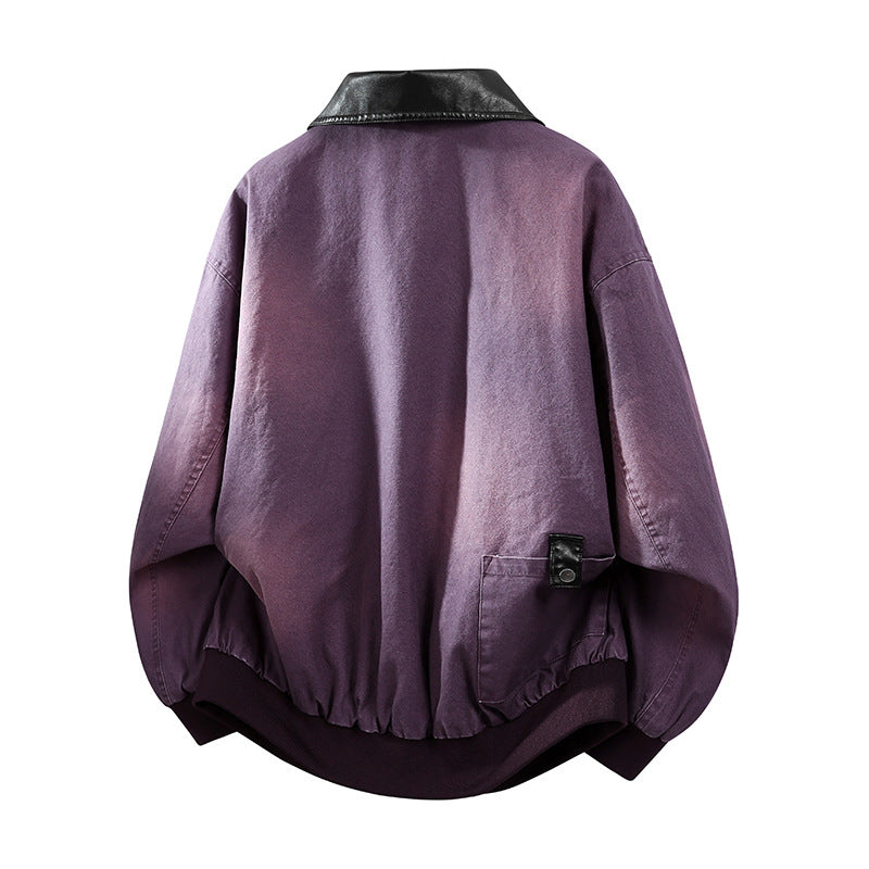 Men's Oversized Bomber Jacket with Contrast Faux Leather Collar and Ribbed Hem Chichicherry