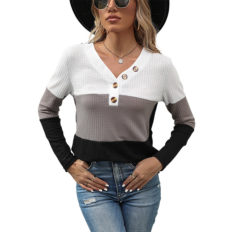 Women's Waffle Knit Long Sleeve with V-Neck and Henley Button Placket Chichicherry