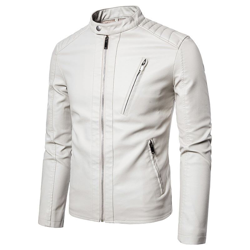 Men's Slim Faux Leather Biker Jacket with Stand-up Collar, Quilted Inserts and Zipper Pockets Chichicherry