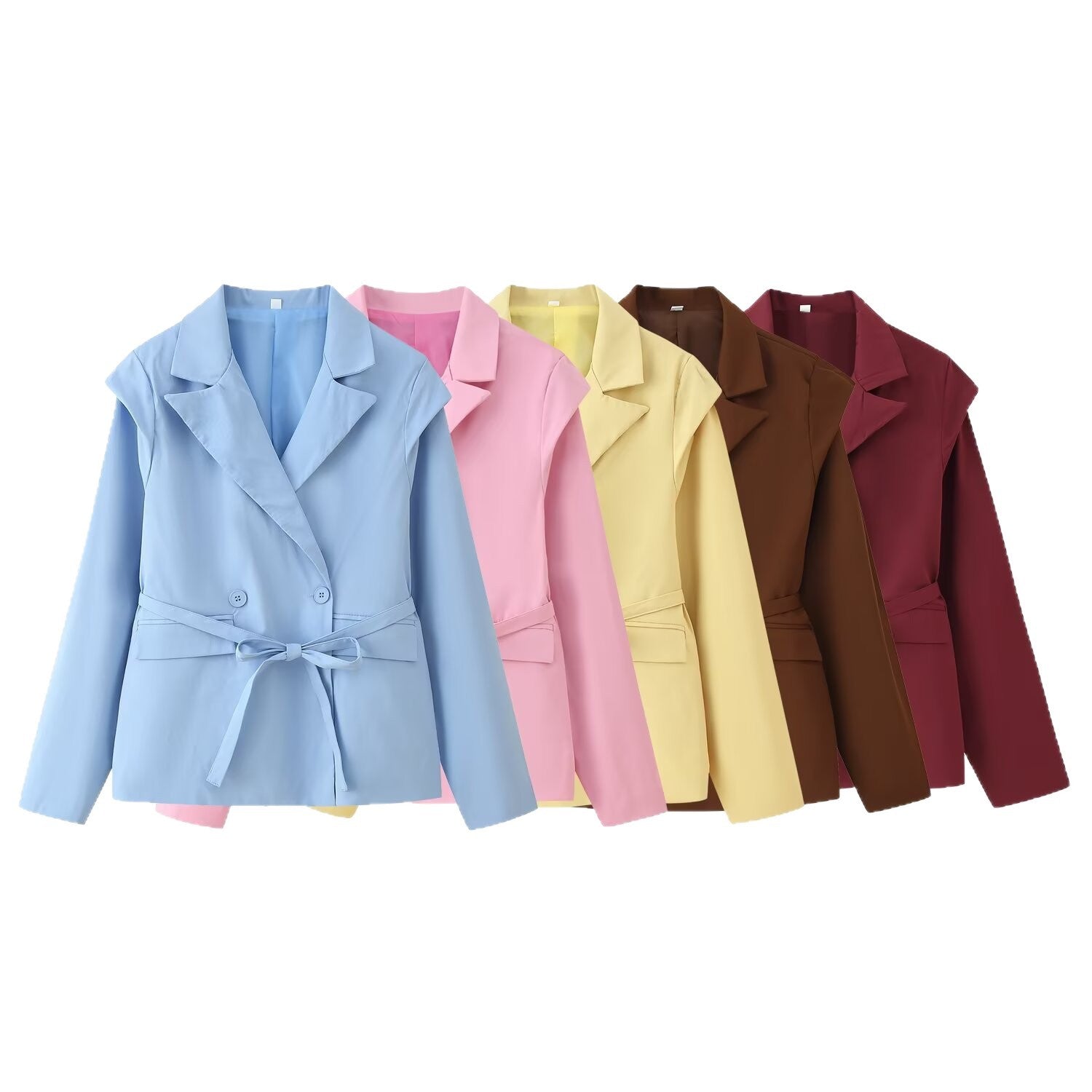 Women Tailored Belted Blazer with Double Button Placket and Notched Lapel Chichicherry