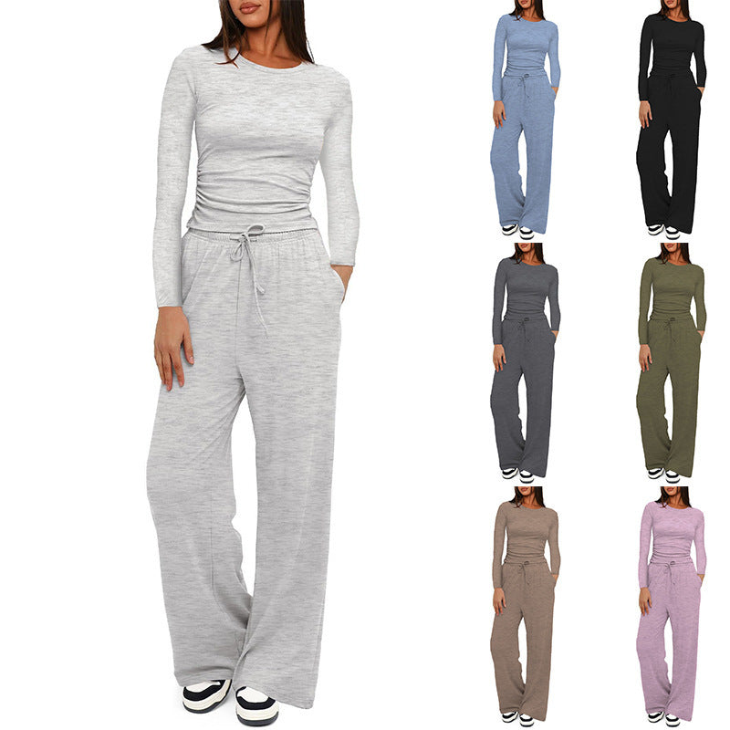 Women's Fitted Long Sleeve Shirt with Side Gathering and Loose Drawstring Jogging Pants Chichicherry