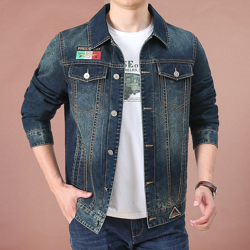 Men's jeans jacket in vintage look with patches and printed lining Chichicherry