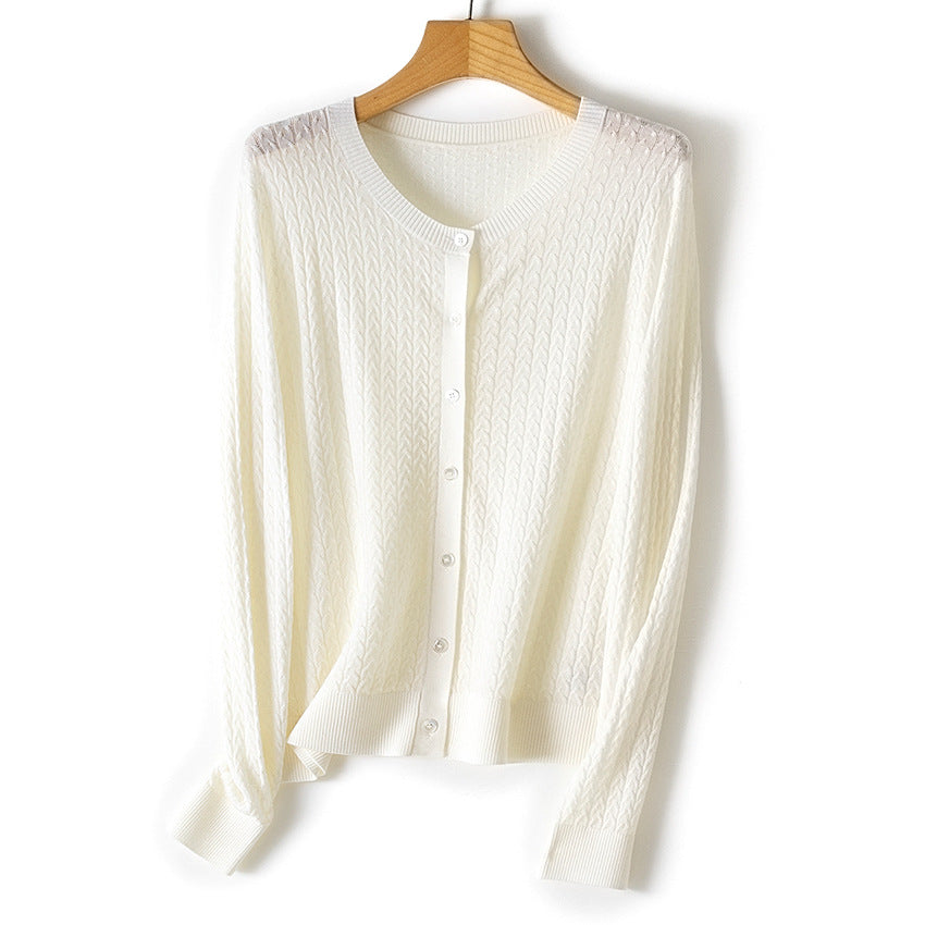 Women's Fine Knit Cardigan with Cable Pattern, Crew Neck and Button Placket Chichicherry