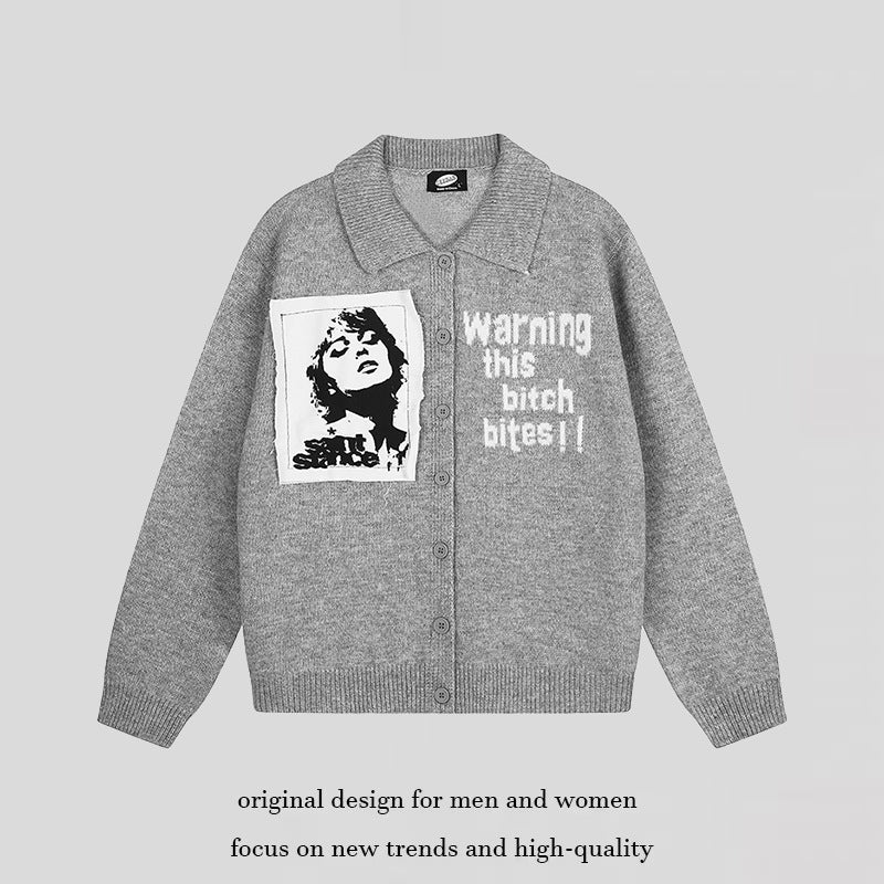 Women's knitted cardigan with shirt collar, button placket, and statement patch Chichicherry