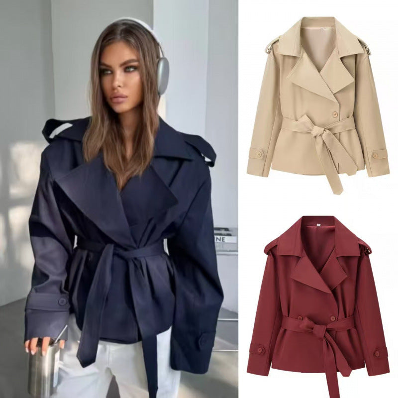 Women's short trench coat with tie belt and double-breasted button placket Chichicherry