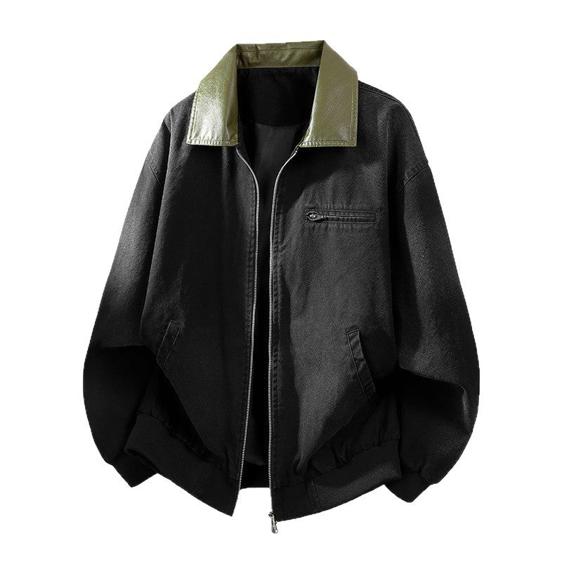 Men's Oversized Bomber Jacket with Contrast Faux Leather Collar and Ribbed Hem Chichicherry
