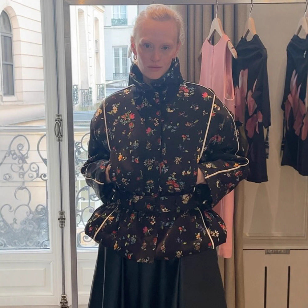 Women's short cut quilted blouson jacket with high standing collar, piping and floral all-over print Chichicherry