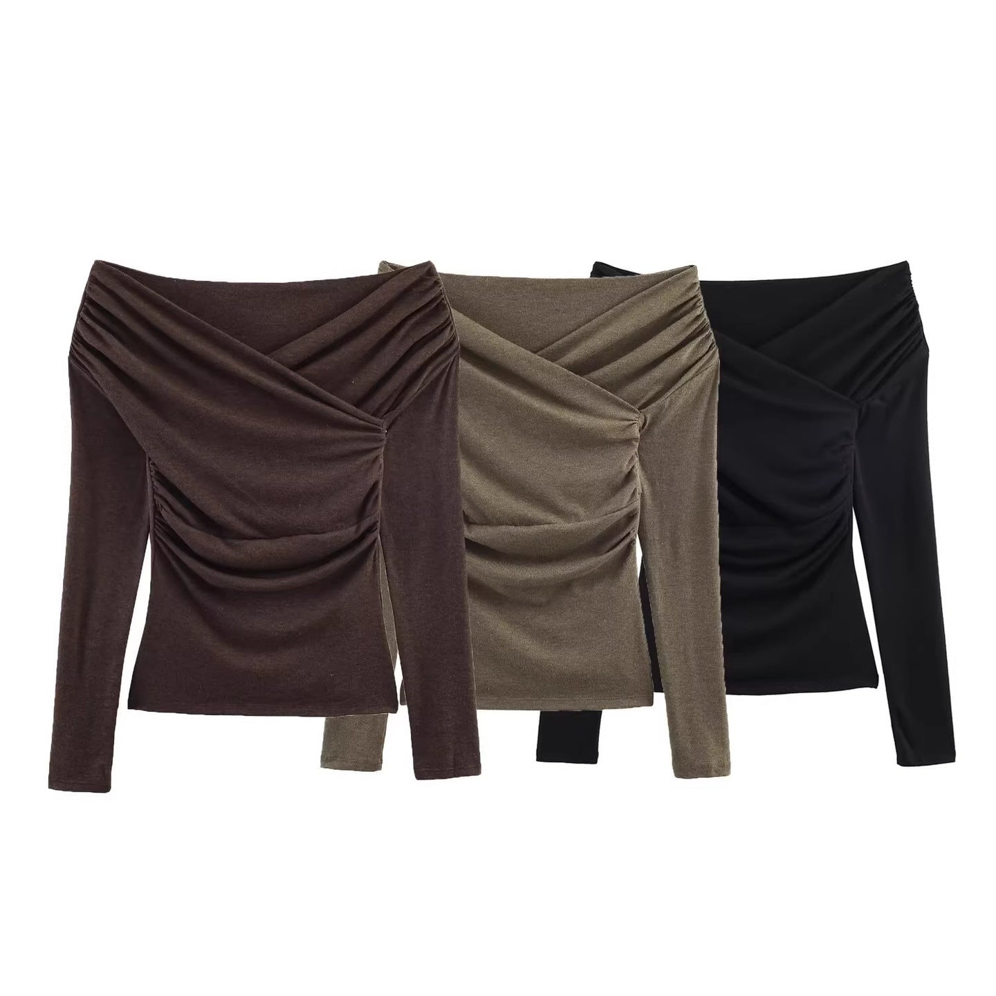 Women Off-Shoulder Gathered Long Sleeve Top with Wrap Draping Chichicherry