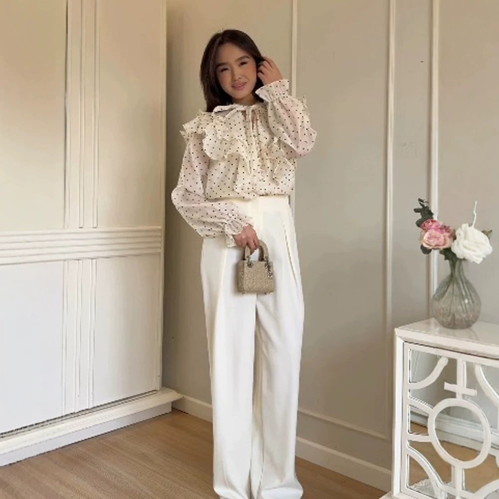Women Ruffle Blouse with Bow Collar and Polka Dot Pattern Chichicherry