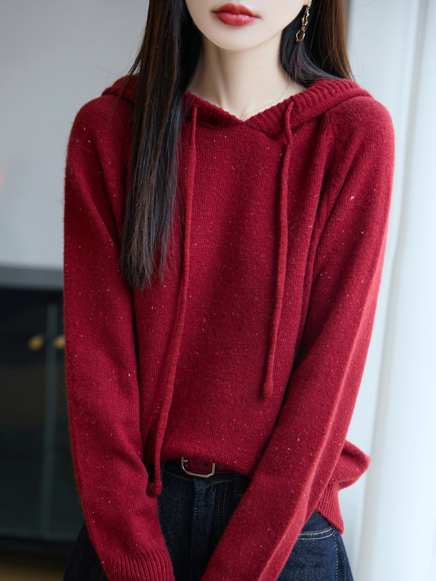 Women's Soft Fine Knit Hoodie with Nep Yarn and Ribbed Cuffs Chichicherry