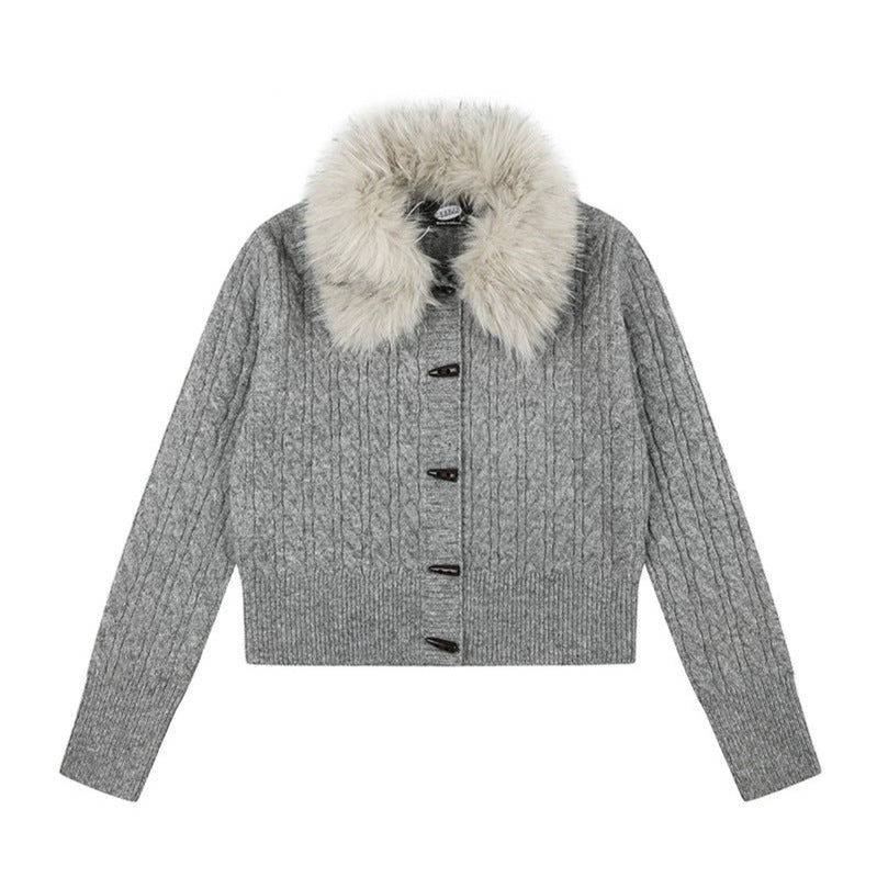 Women's Short Cable Knit Cardigan with Removable Faux Fur Collar and Toggle Button Closure Chichicherry