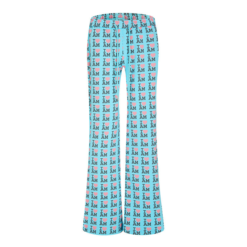 Women's High-Waist Lounge Pants with Flared Leg Cut, Drawstring and Allover Statement Print Chichicherry