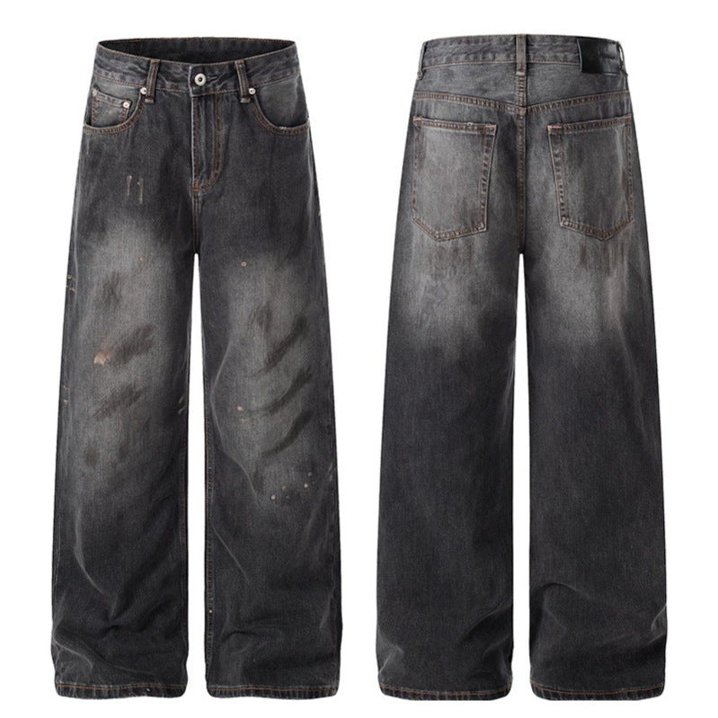 Women High-Cut Loose Distressed Denim Culotte Jeans with Paint-Splatter and Used Effect Chichicherry