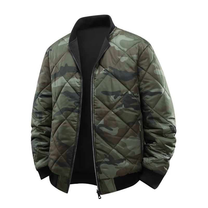 Men's Quilted Camouflage Bomber Jacket with Ribbed Cuffs and Two-Way Zipper Chichicherry