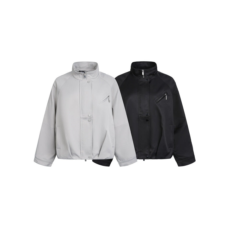 Unisex Short Cut Minimalist Boxy Jacket with High Funnel Neck and Concealed Front Placket Chichicherry