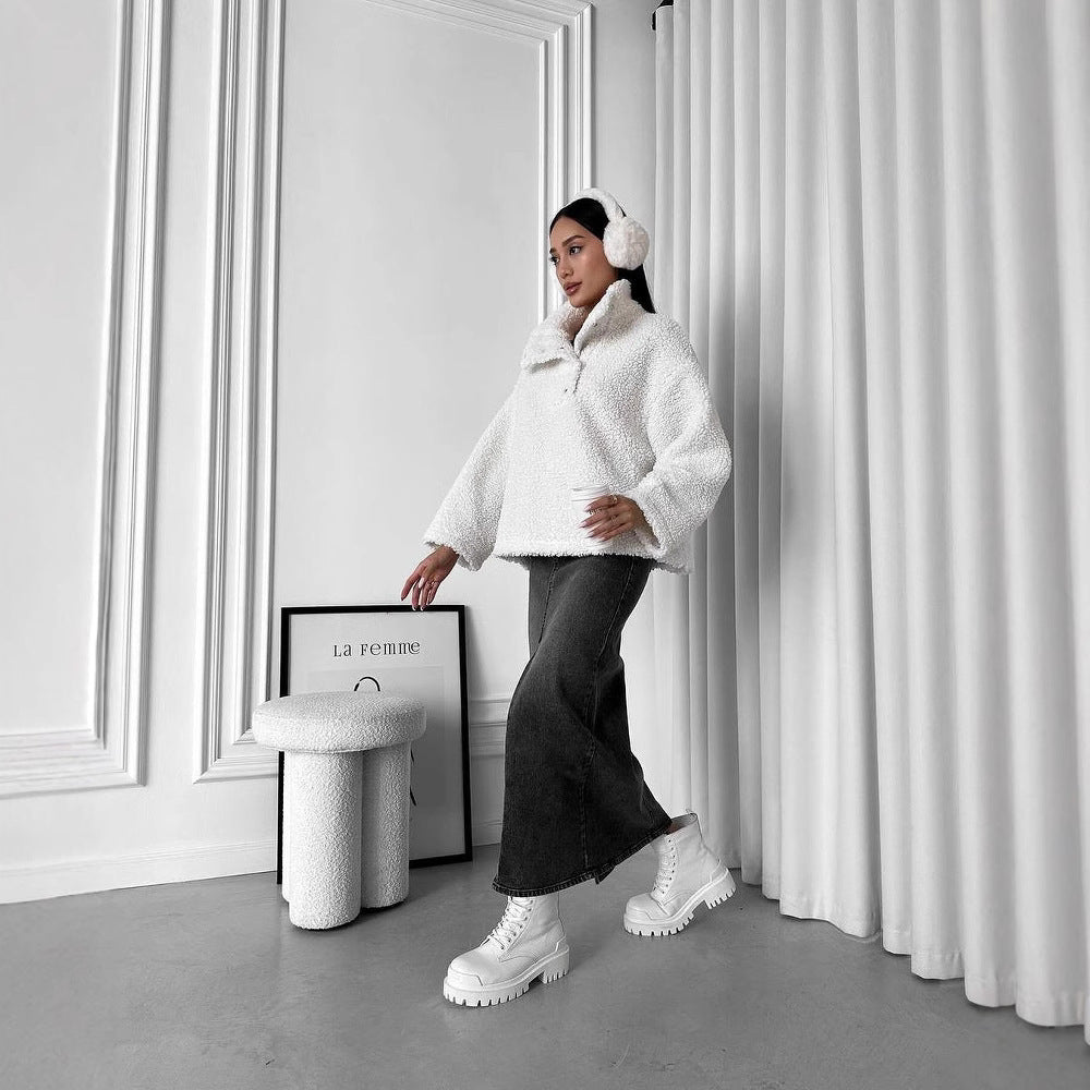 Damen Oversized Teddy-Pullover mit halber Druckknopfleiste und Stehkragen Chichicherry