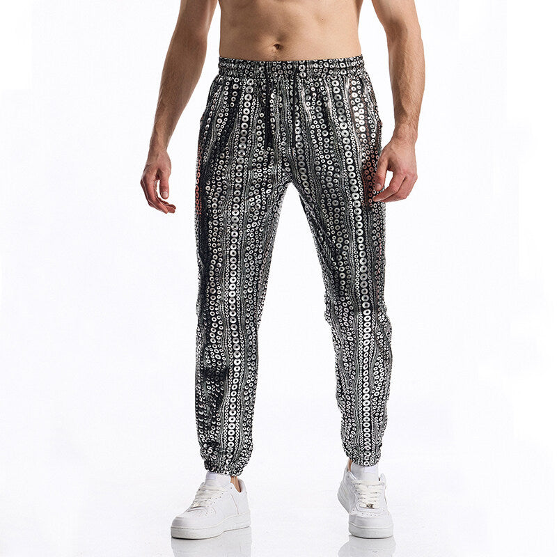 Men's Tapered Jogging Pants with Elastic Waistband, Drawstring and Metallic Circle Print Chichicherry