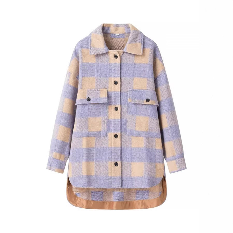 Women's Oversized Shirt Jacket in Check with Large Flap Pockets and Curved Hem Chichicherry