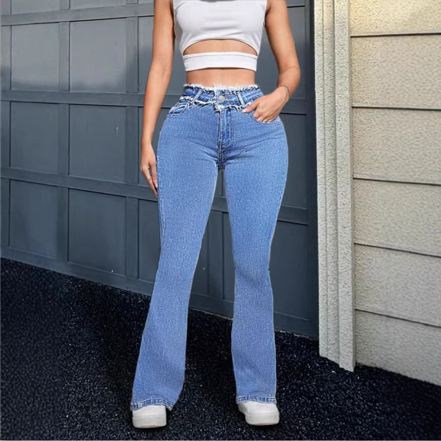 Women's High-Waisted Flared Jeans with Frayed Waistband and Center Stitch Chichicherry