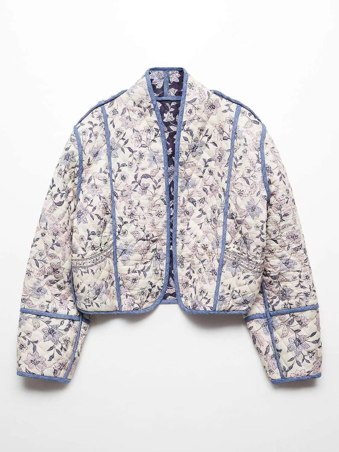 Women's short-cut quilted blouson jacket with floral embroidery and contrasting piping Chichicherry