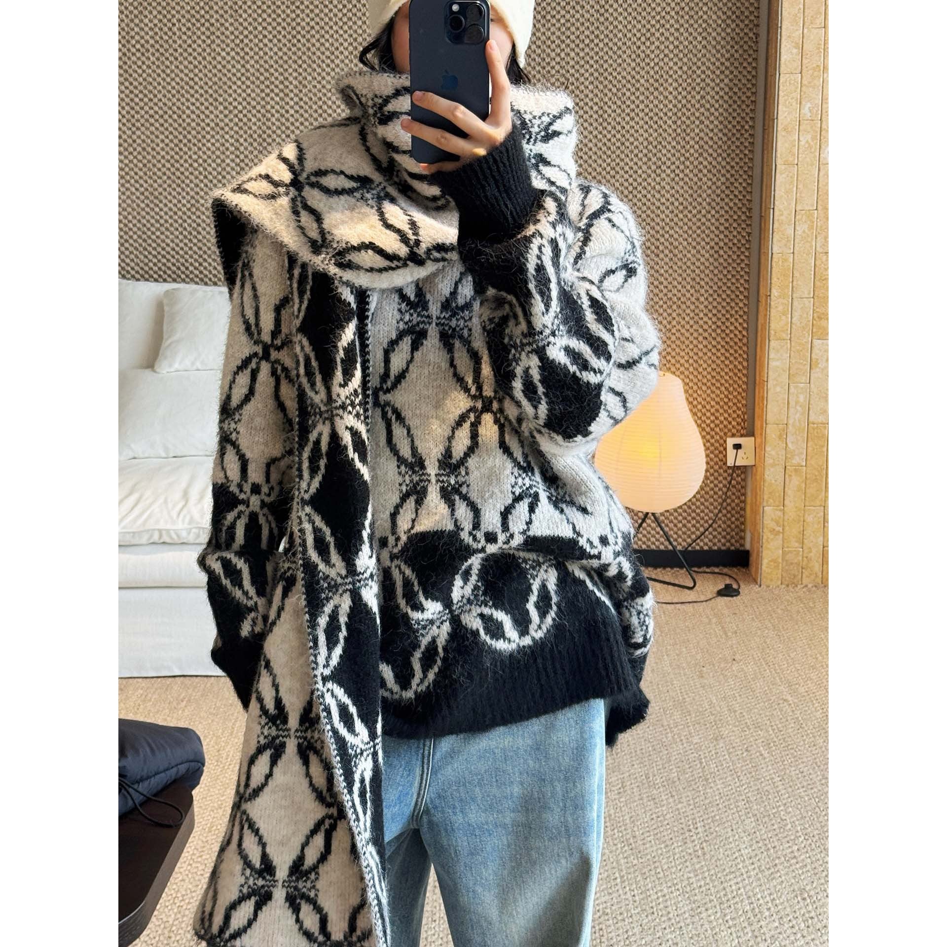Women Oversize Mohair Look Knit Cardigan with Allover Jacquard Pattern Chichicherry