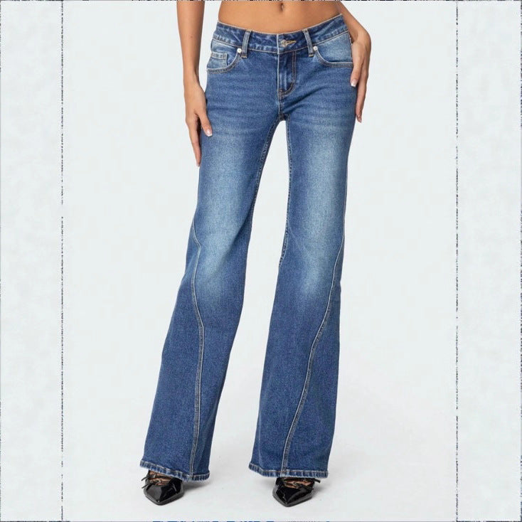 Ladies High-Waisted Vintage Flared Jeans with Slim Hip Section and Vertical Seam Chichicherry