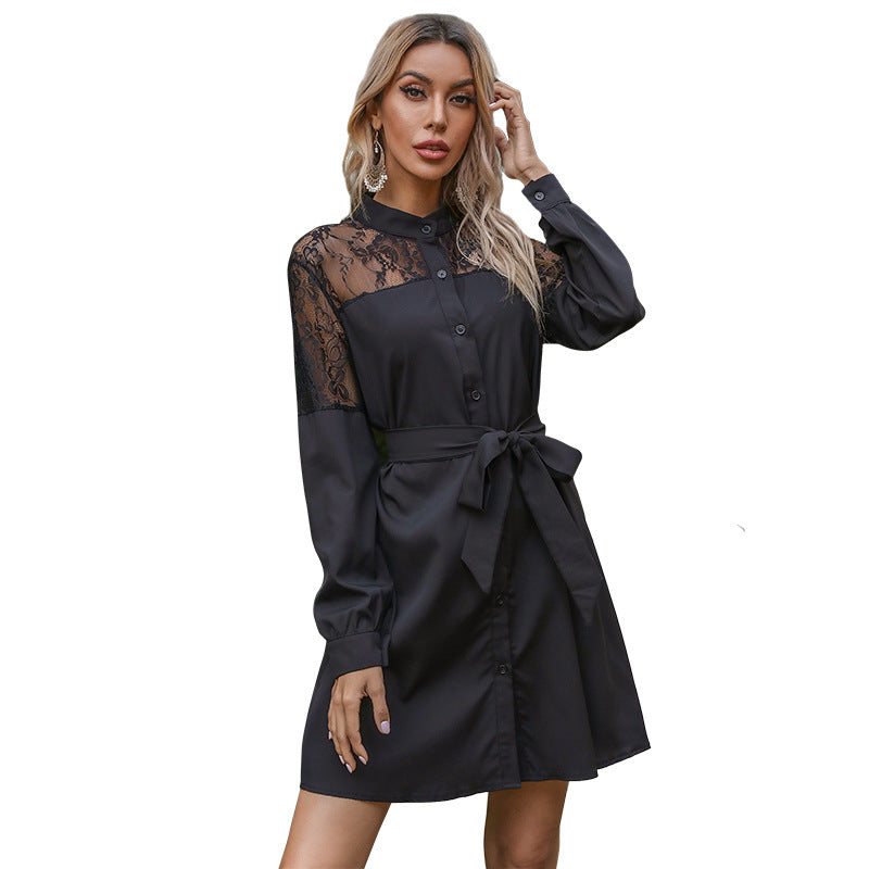 Women A-line shirt dress with lace insert, tie belt and button placket Chichicherry