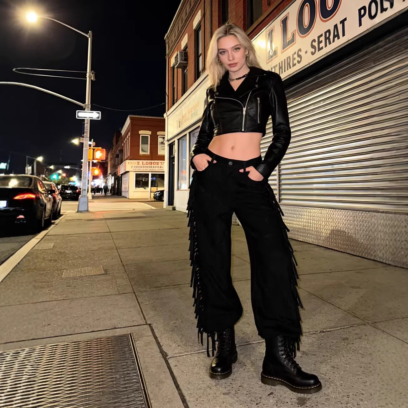 Women Wide High-Waist Flared Trousers with Side Fringes and Suede Look Chichicherry