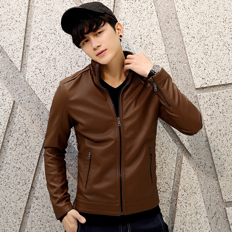 Men's faux leather jacket with warming teddy fleece lining and stand-up collar Chichicherry