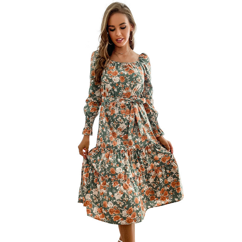 Women's midi dress with square neckline, puff sleeves, and waist lacing Chichicherry