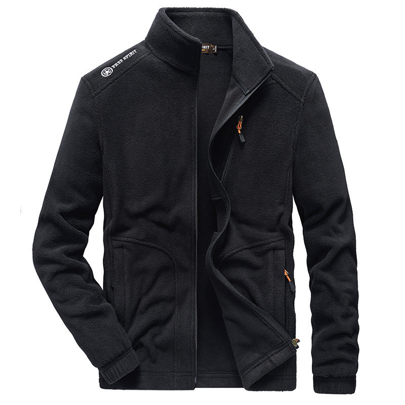 Men's micro fleece outdoor jacket with stand-up collar, full-length zipper, and zip pockets Chichicherry