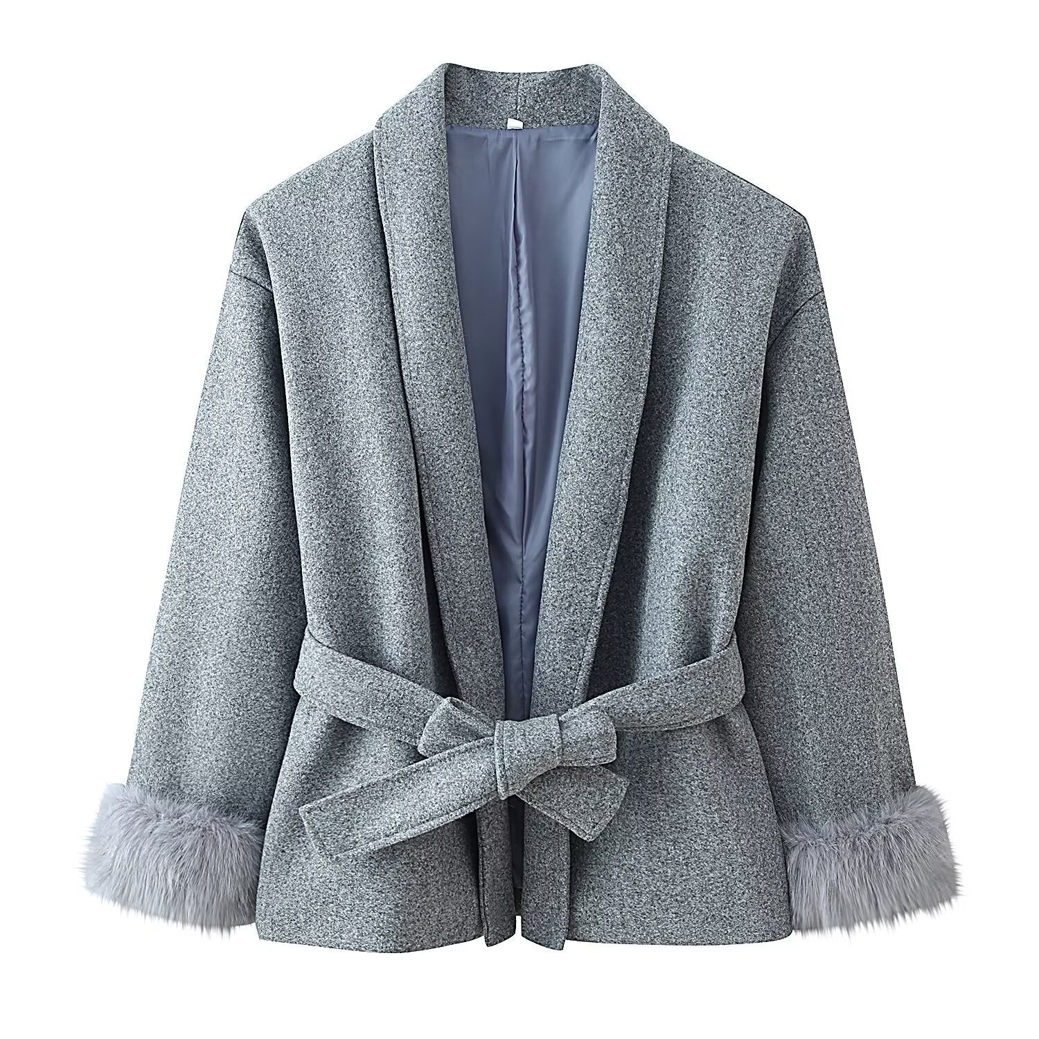 Women's wrap belt coat with shawl collar and faux fur cuffs Chichicherry