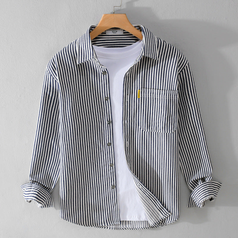 Men's Casual Striped Shirt Jacket Style with Patch Pocket Chichicherry