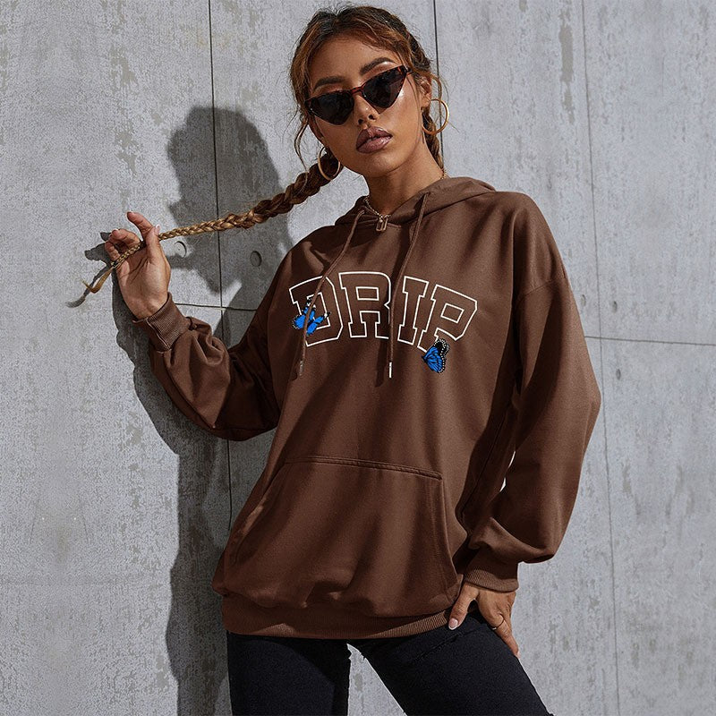 Women's Oversized Hoodie with Kangaroo Pocket and Butterfly Embroidery Chichicherry
