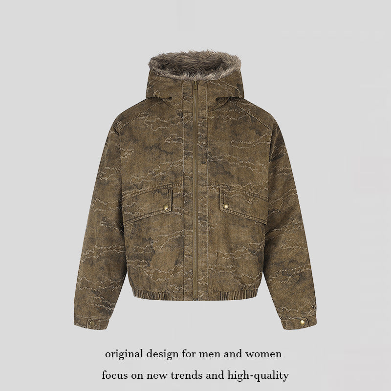 Women Padded Hooded Bomber Jacket with Faux Fur Trim, Camouflage Effect and Elastic Hem Chichicherry