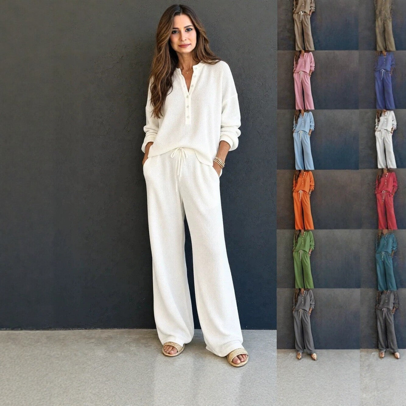 Damen Waffelstrick-Loungewear-Set mit Henley-Oberteil, Kordelbund und weiter Palazzo-Hose Chichicherry