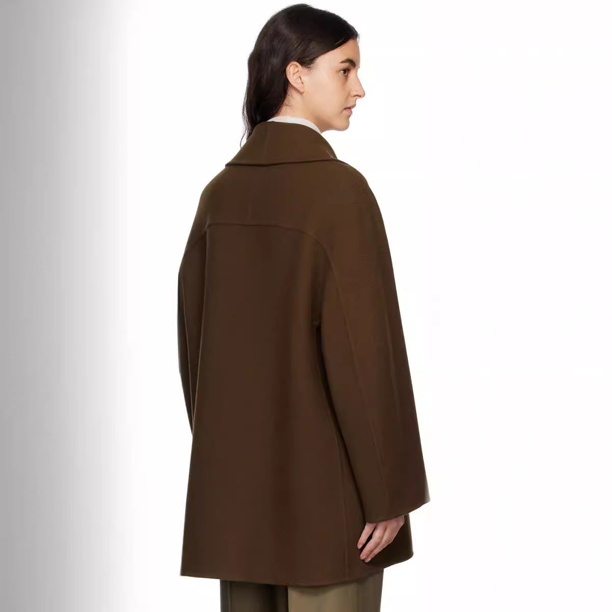 Women Short Cut Oversized Double Breasted Wool Blend Coat with Round Shawl Collar Chichicherry