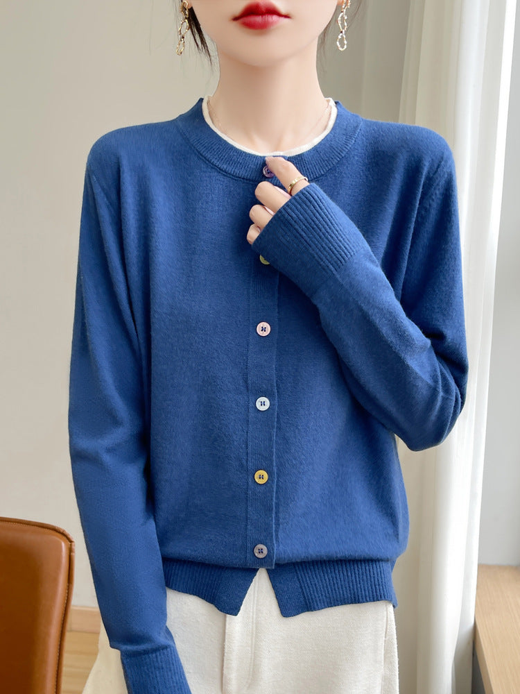 Women Lightweight Fine Knit Cardigan with Round Neckline and Colorful Buttons Chichicherry