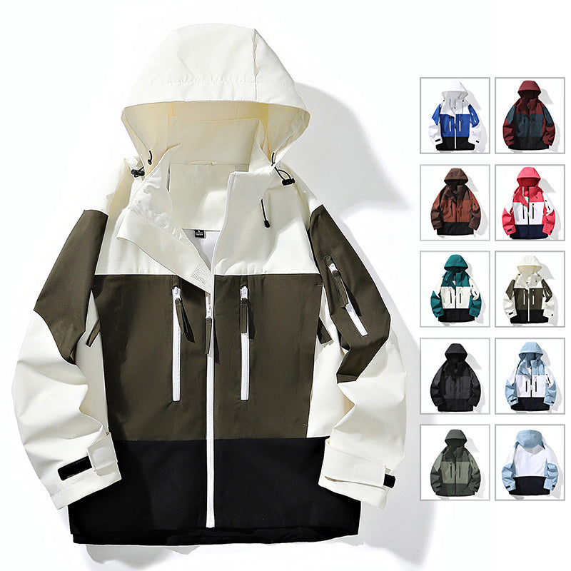 Men's Water-Repellent Colorblock Outdoor Jacket with Hood, Multiple Zipper Pockets and Adjustable Cuffs Chichicherry