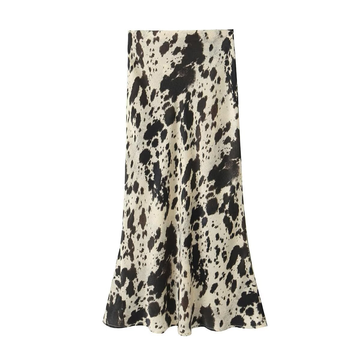 Women's Long Satin Skirt in Bias Cut with Abstract Animal Print Chichicherry