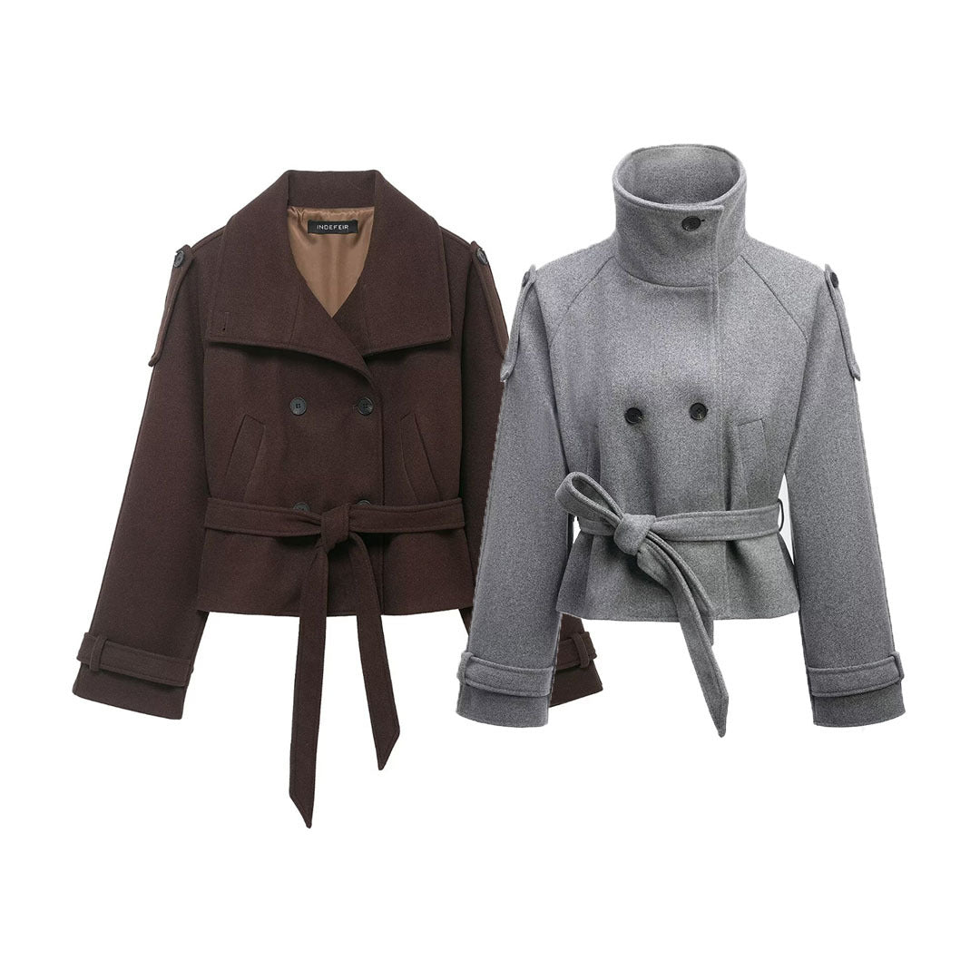Women's Cropped Wool Blend Short Coat with High Stand-up Collar, Epaulettes, and Waist Belt Chichicherry